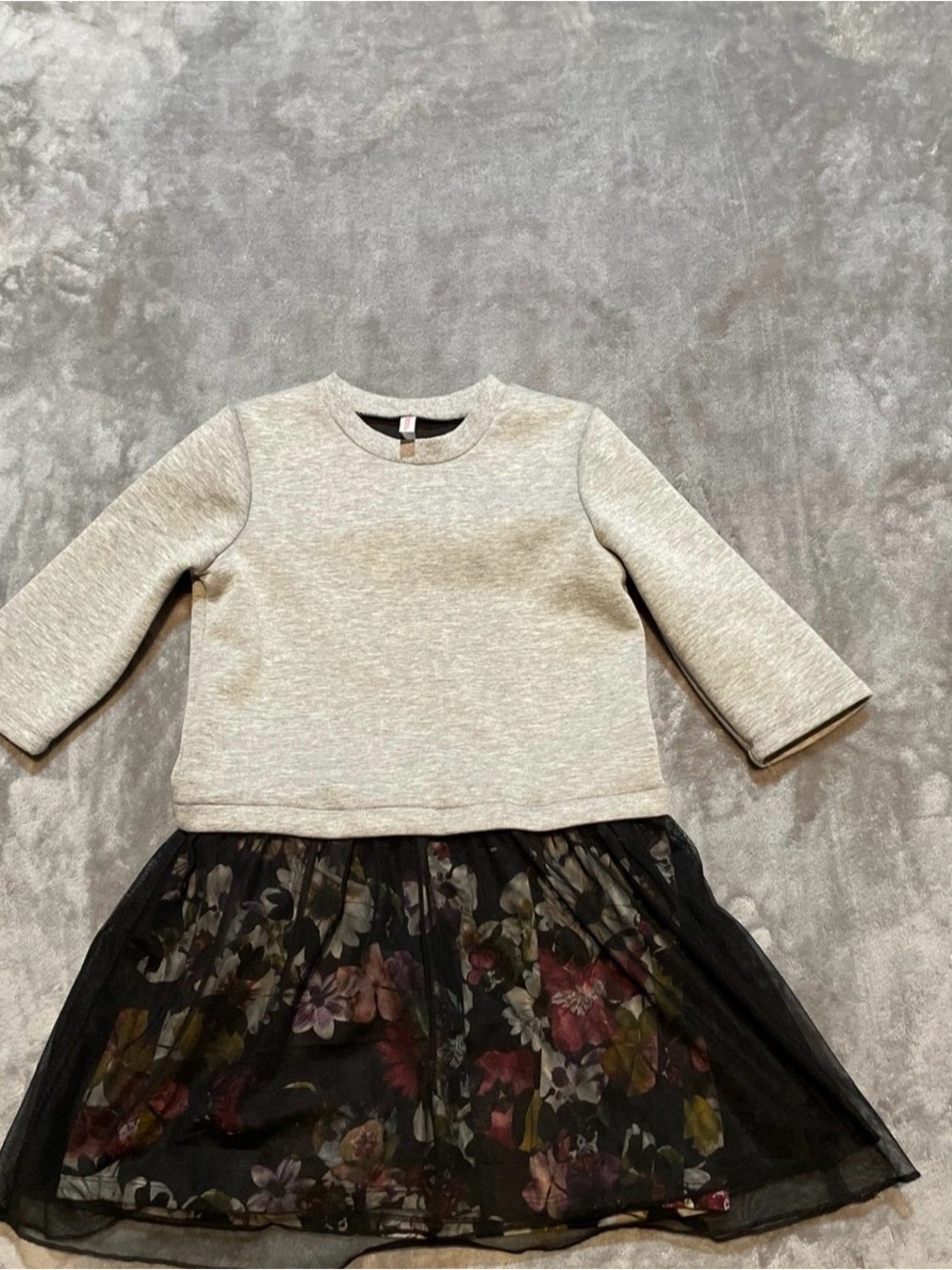 Girls Black Floral Tulle Dress with Light Gray Knit Top